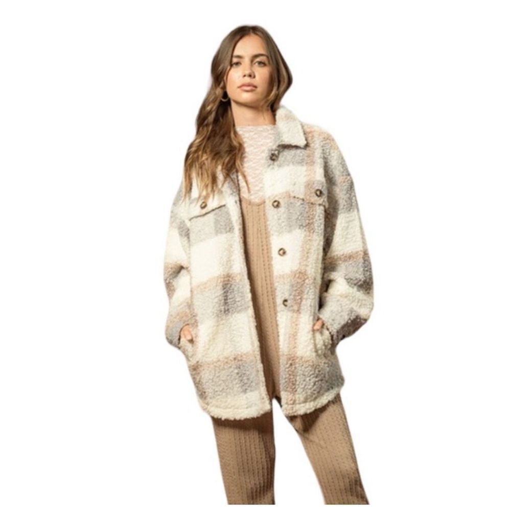 New Teddy Plaid Shacket Front Button Down Oversized Coat Jacket Women size Med